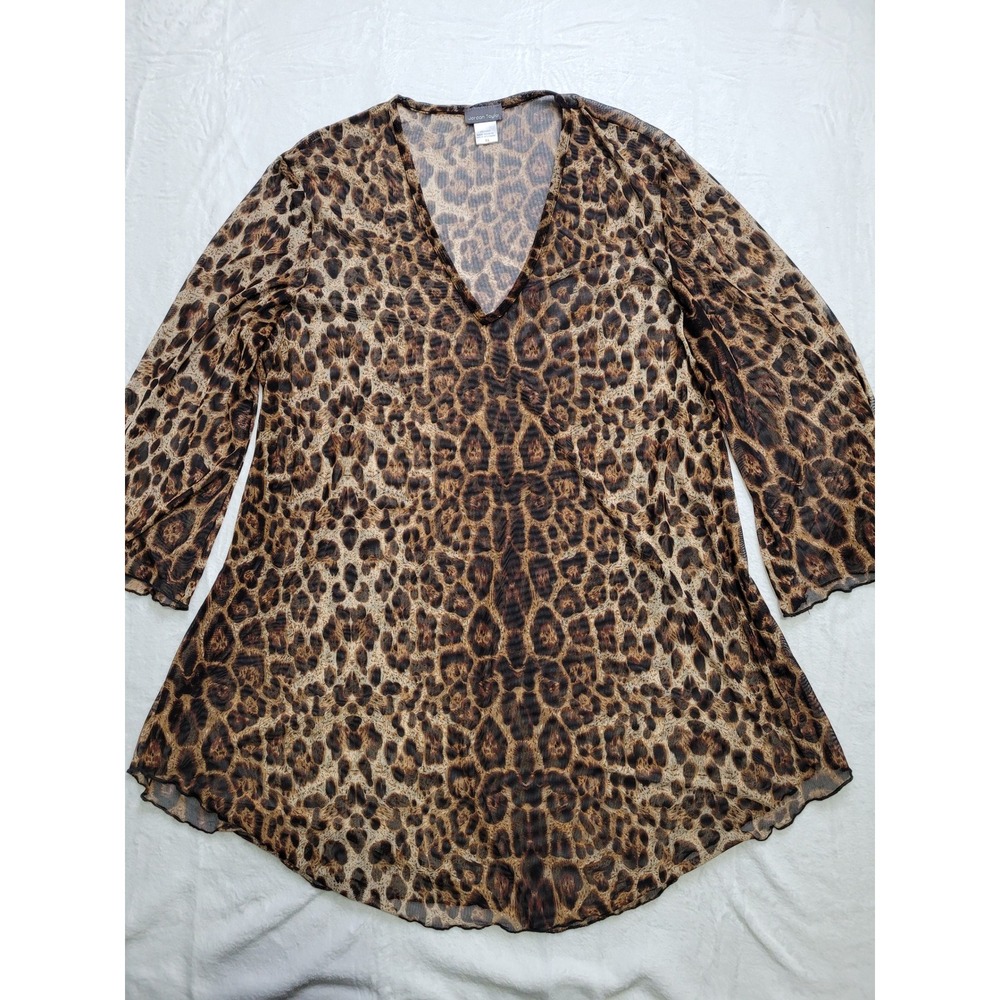 Jordan Taylor Tunic Women XL Brown Leopard Sheer Mesh V-Neck 3/4 Sleeve